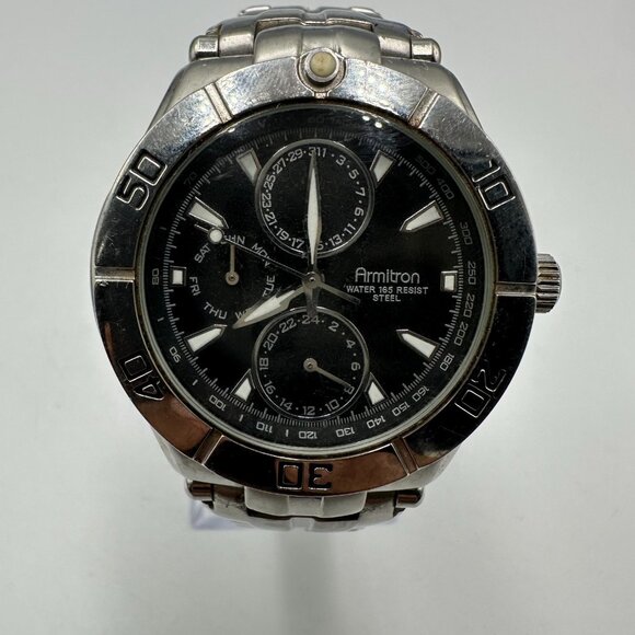 Armitron Watch Men Silver Tone Black Dial Multifunction Day Date New Battery - Picture 1 of 11